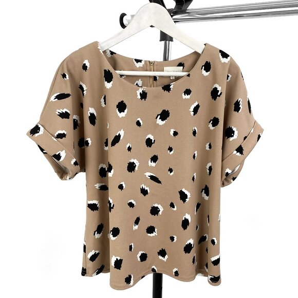 Melloday Women's Tops Blouses - Tan Pattern, Round Neck, Short Sleeve, Size XL - Picture 1 of 7